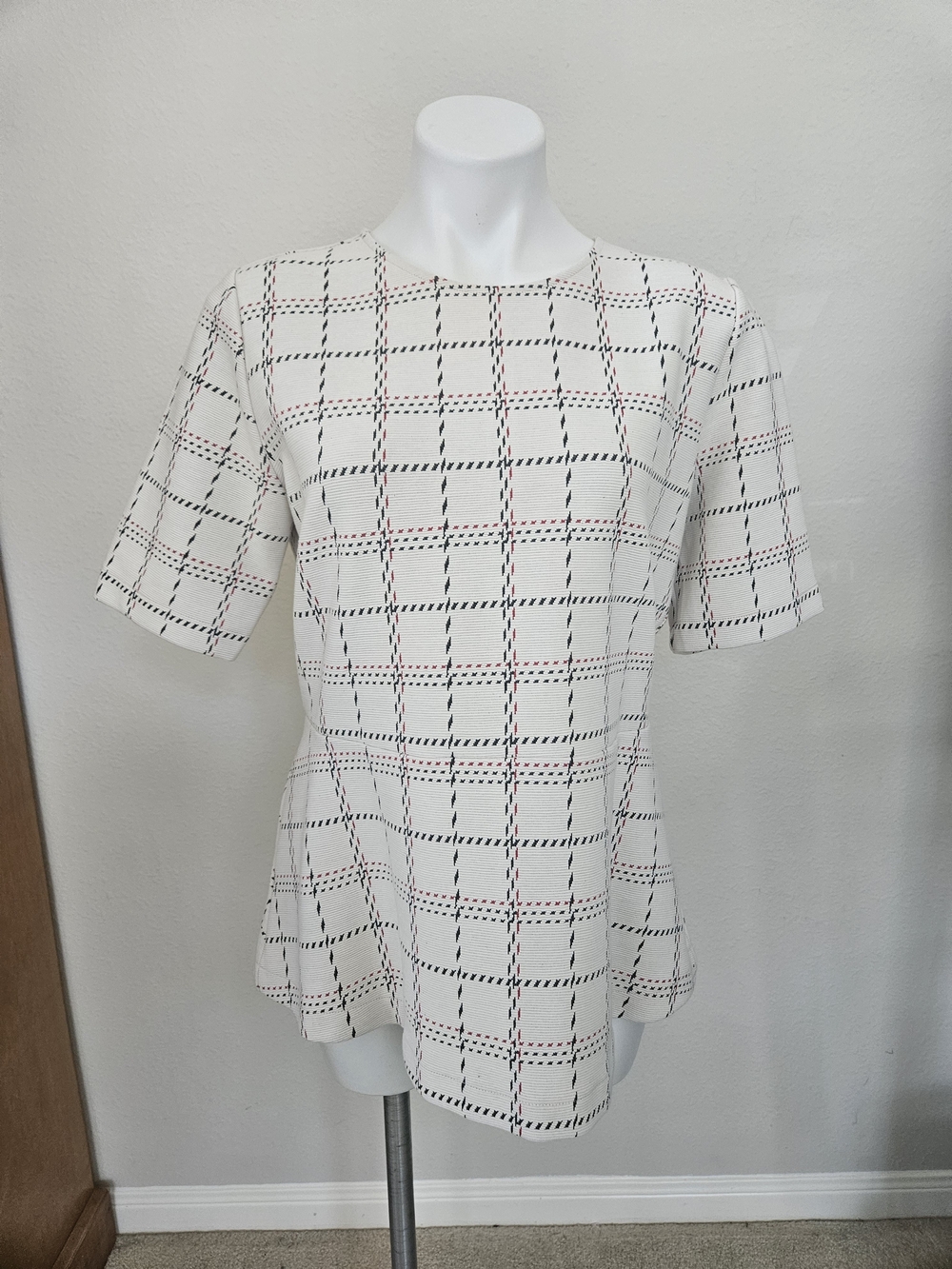 Ann Taylor Cream Windowpane Check Short Sleeve Tunic